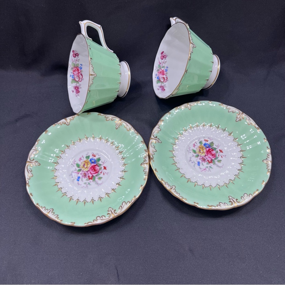 ROYAL CROWN DERBY Kendal Rose Green Tea Cups & Saucers Set Of 2 - Vintage Rare